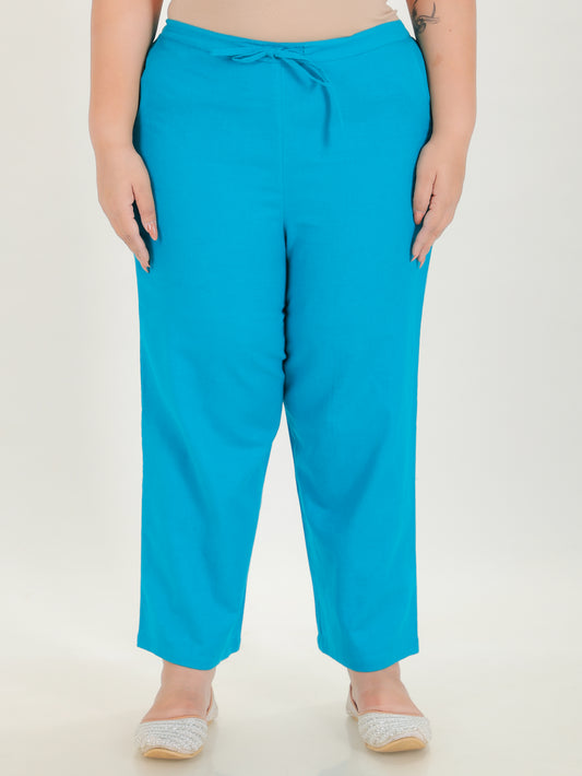 Linen Cotton Solid Turquoise Straight Trousers