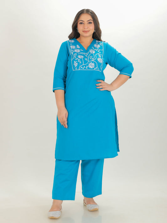 Linen Cotton Solid Straight Turquoise Kurta