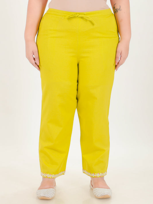Linen Cotton Solid Green Straight Trousers