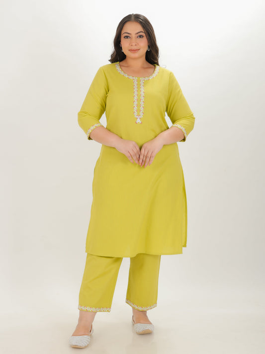 Linen Cotton Solid Straight Green Kurta
