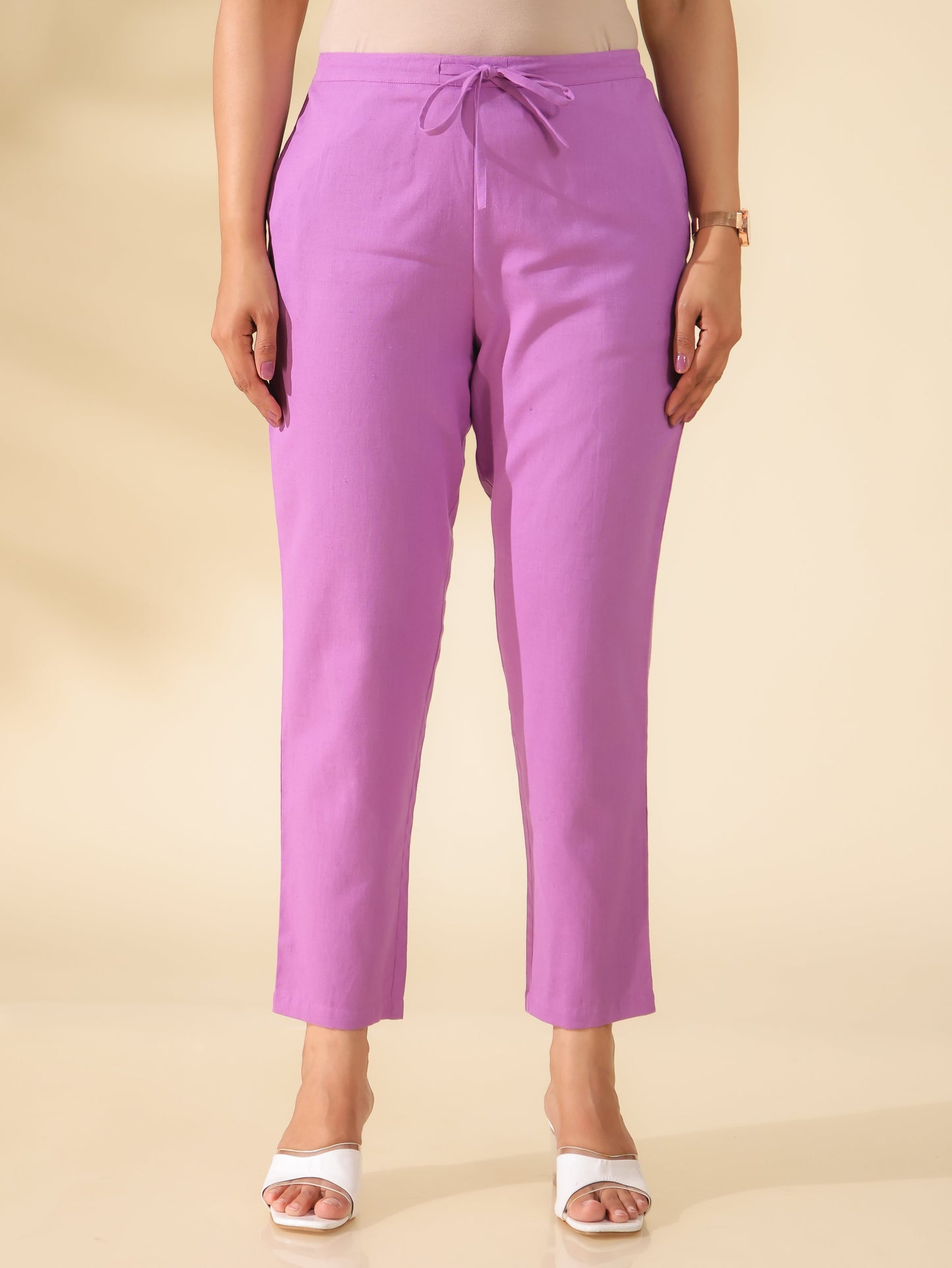 Linen Cotton Solid Purple Tapered Trousers