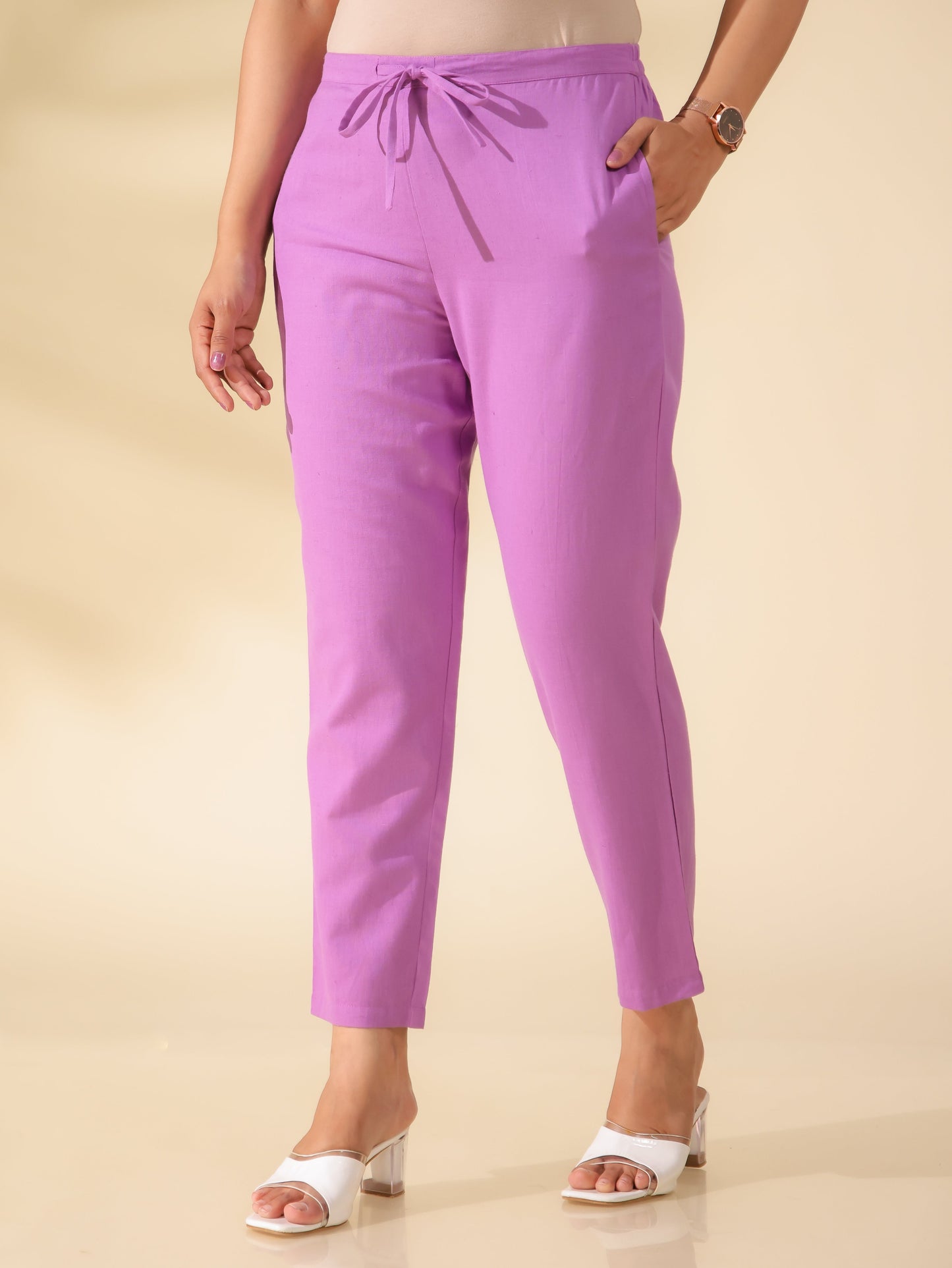 Linen Cotton Solid Purple Tapered Trousers