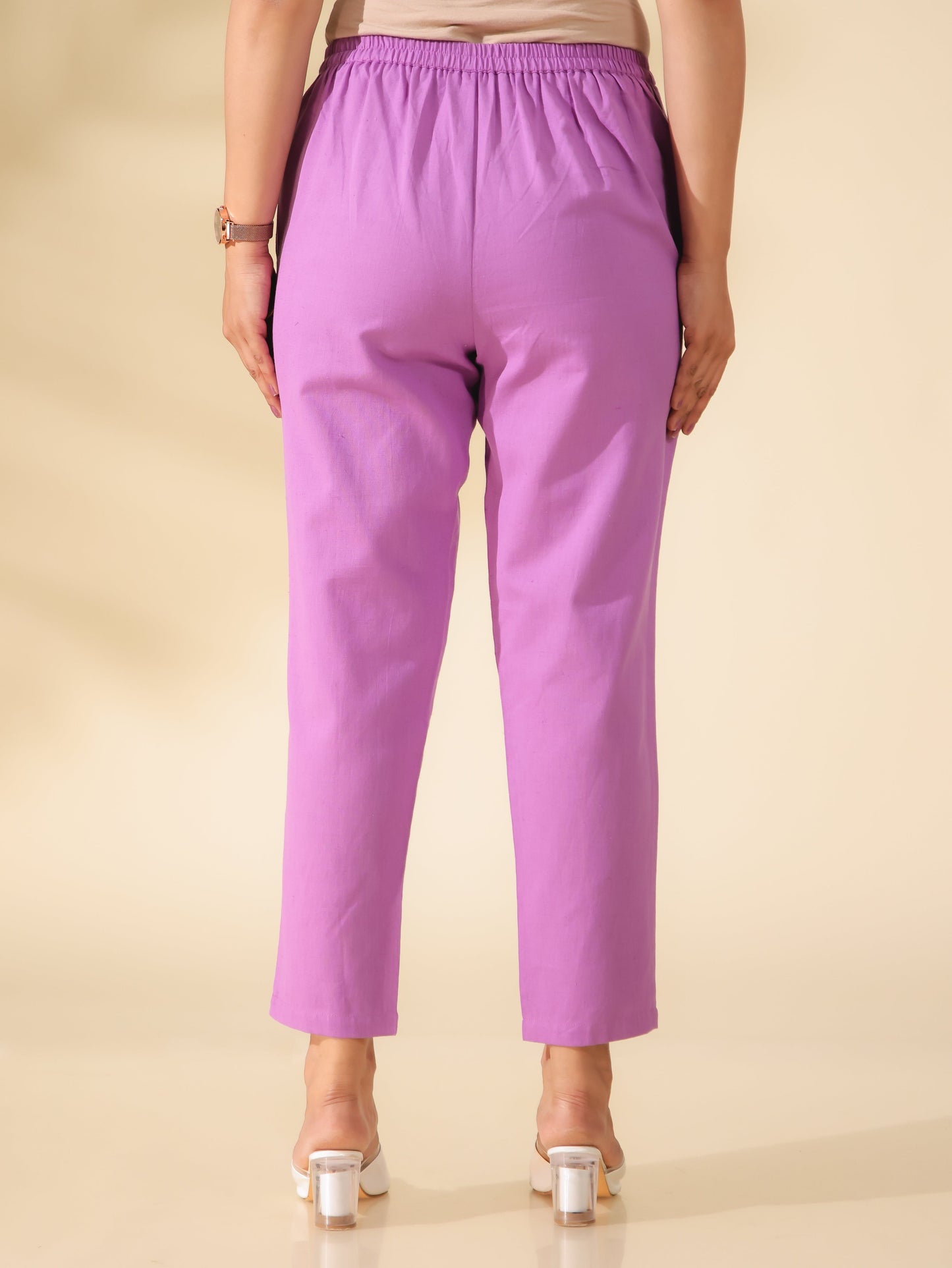 Linen Cotton Solid Purple Tapered Trousers