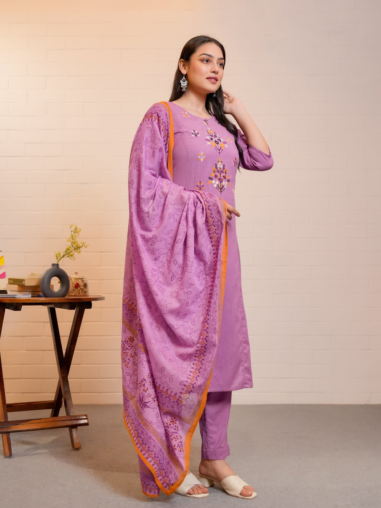 Embroidered Linen Cotton Solid A-line Purple Kurta