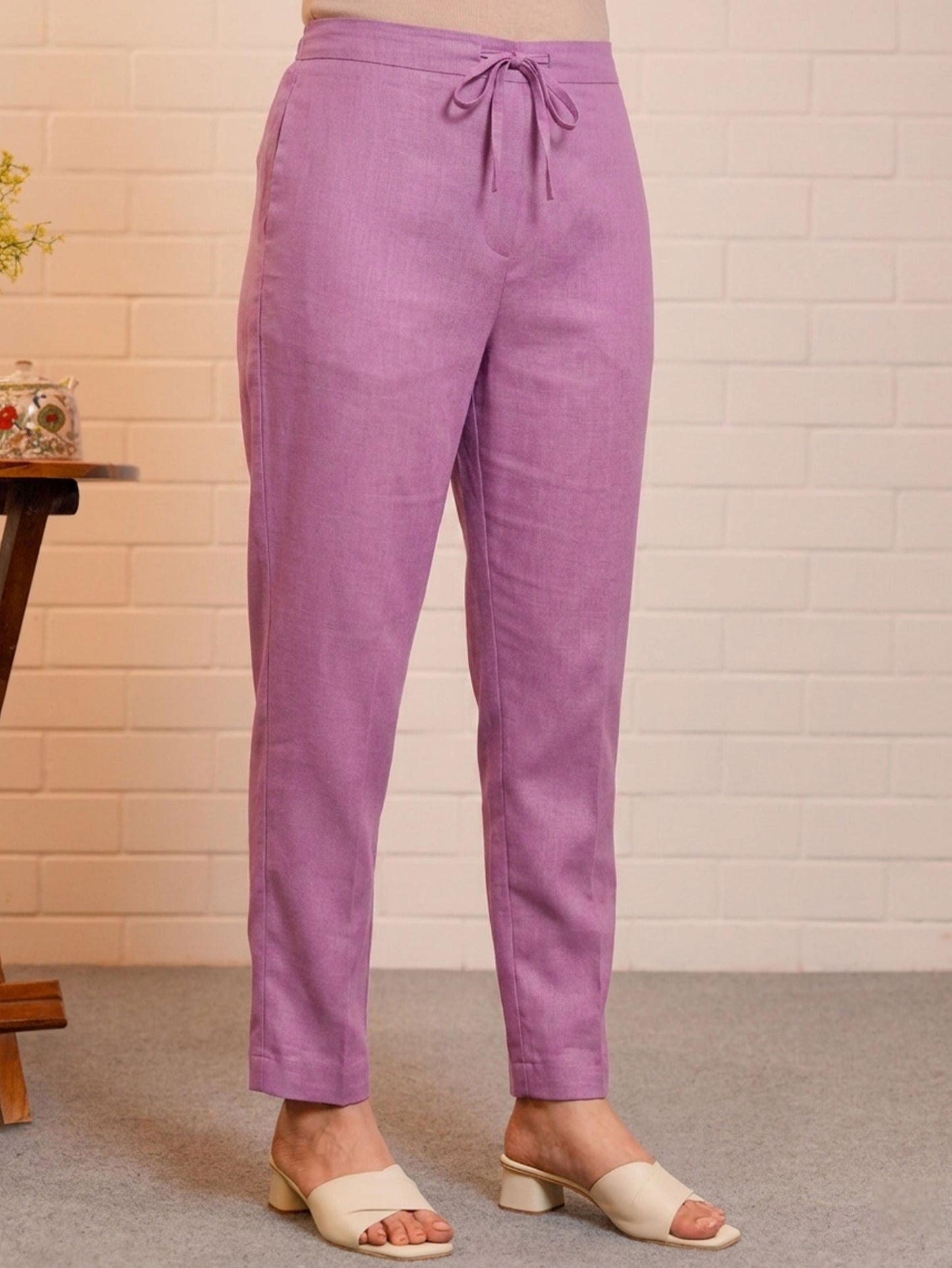 Embroidered Linen Cotton Solid A-line Purple Kurta