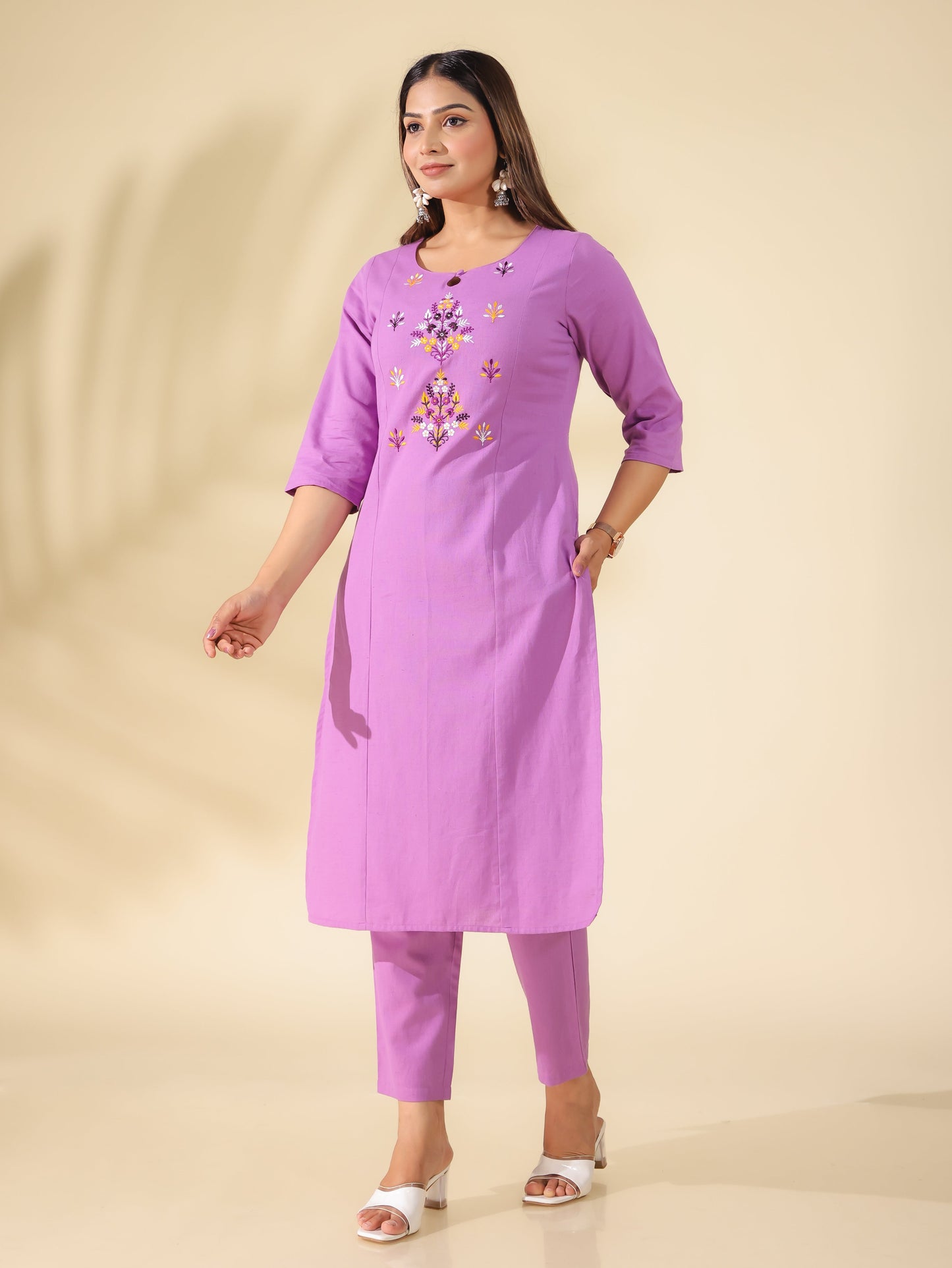 Embroidered Linen Cotton Solid Panelled Purple Kurta