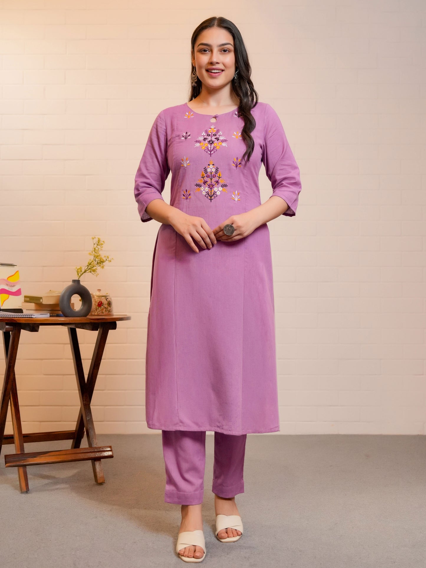 Embroidered Linen Cotton Solid A-line Purple Kurta