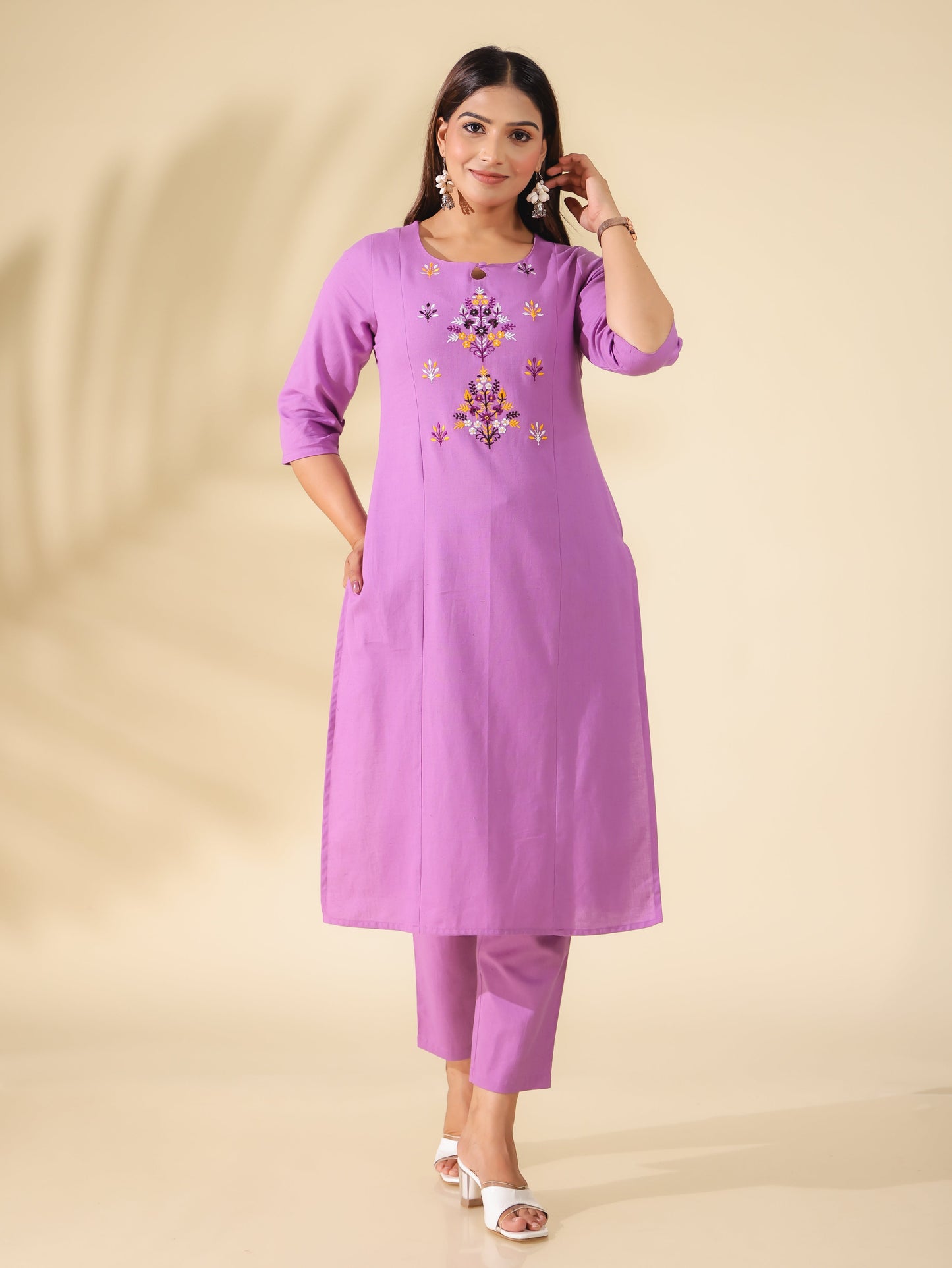 Embroidered Linen Cotton Solid Panelled Purple Kurta