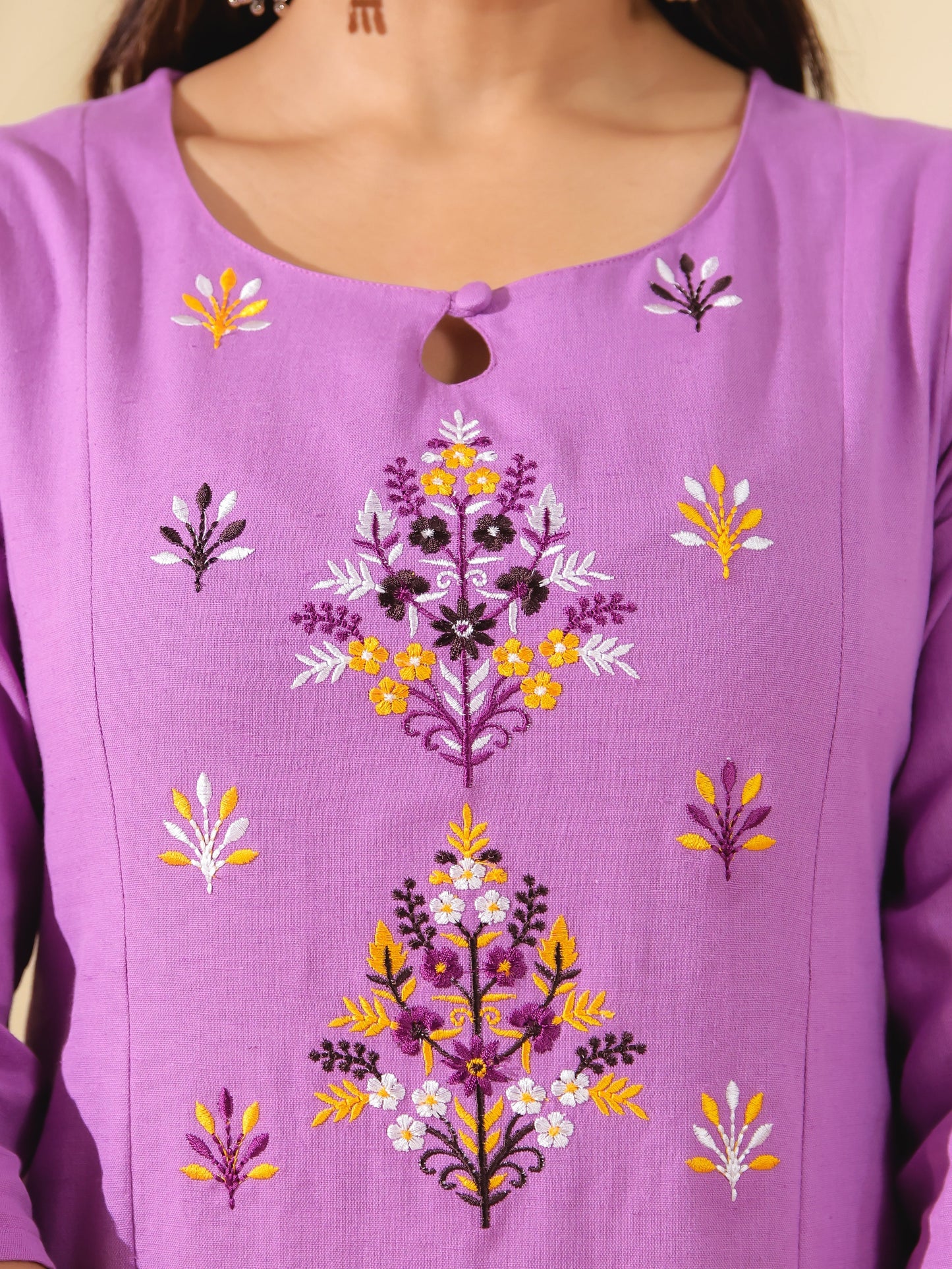 Embroidered Linen Cotton Solid Panelled Purple Kurta