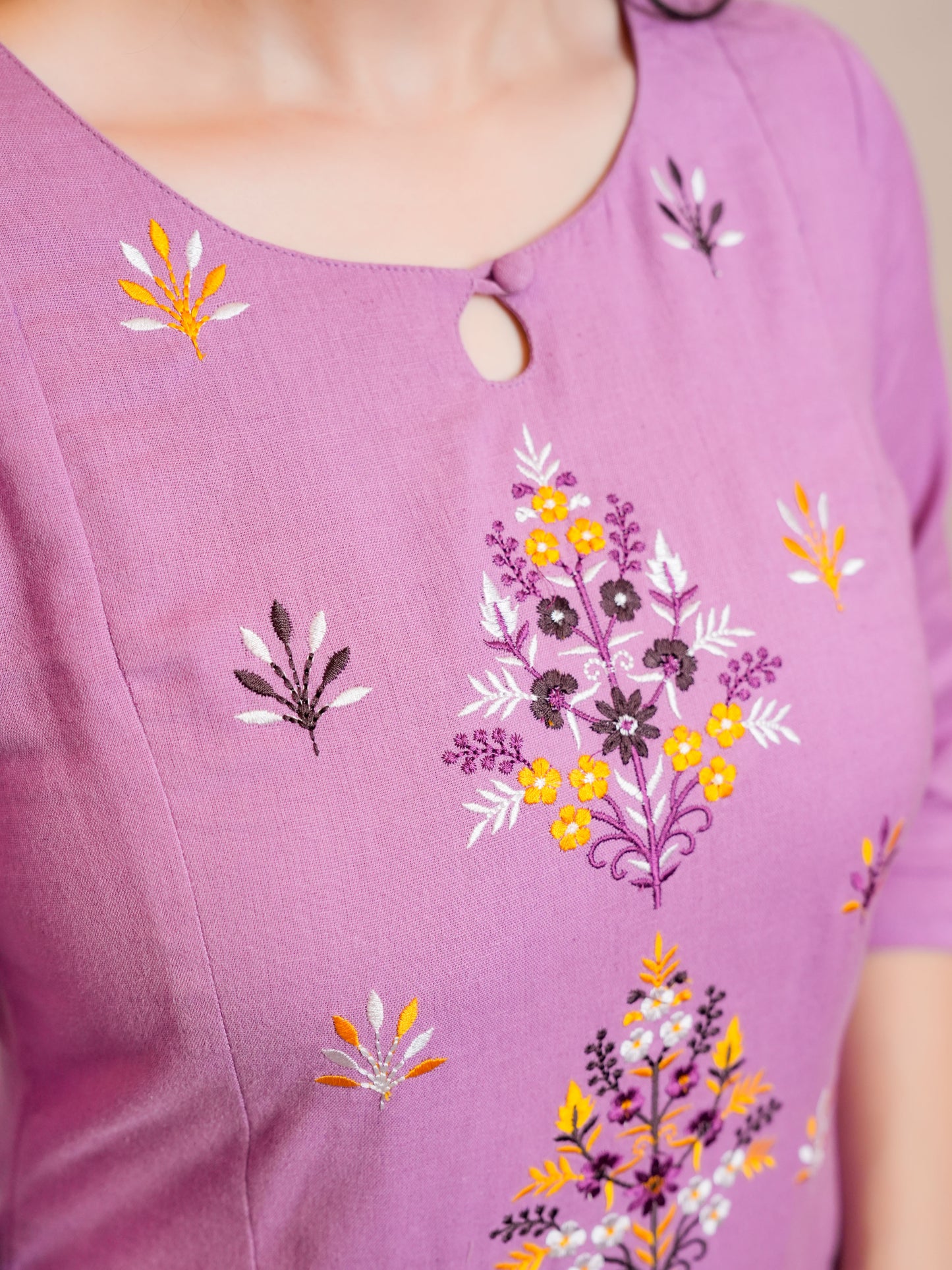 Embroidered Linen Cotton Solid A-line Purple Kurta