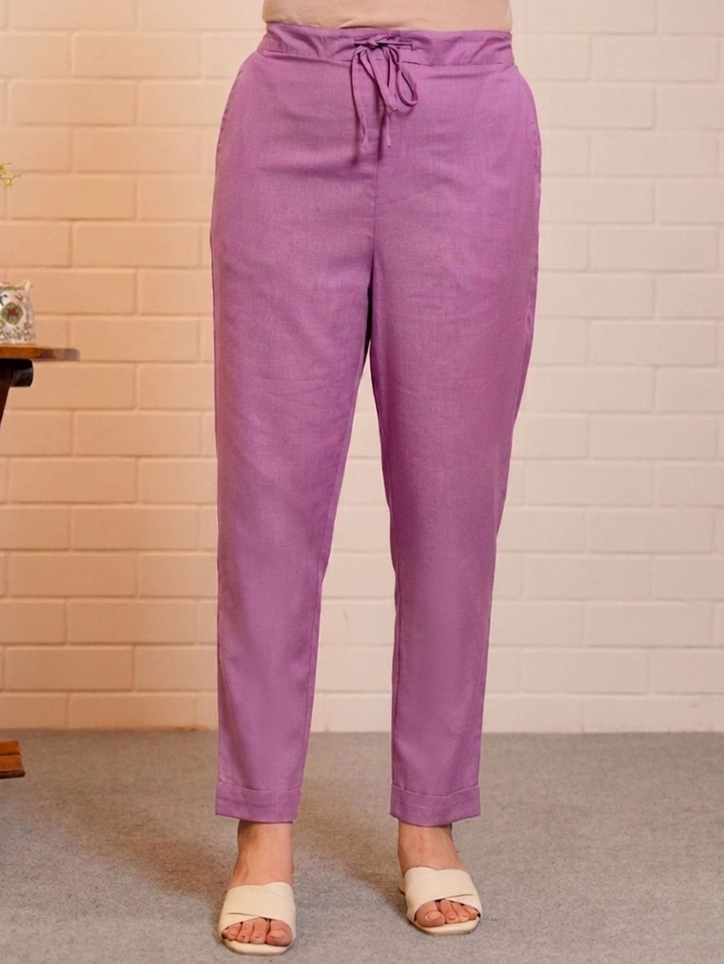 Embroidered Linen Cotton Solid A-line Purple Kurta