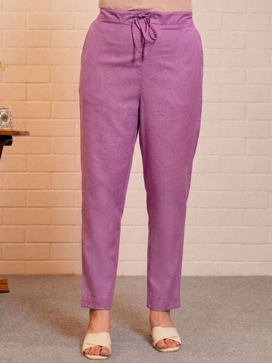 Linen Cotton Solid Purple Tapered Trousers