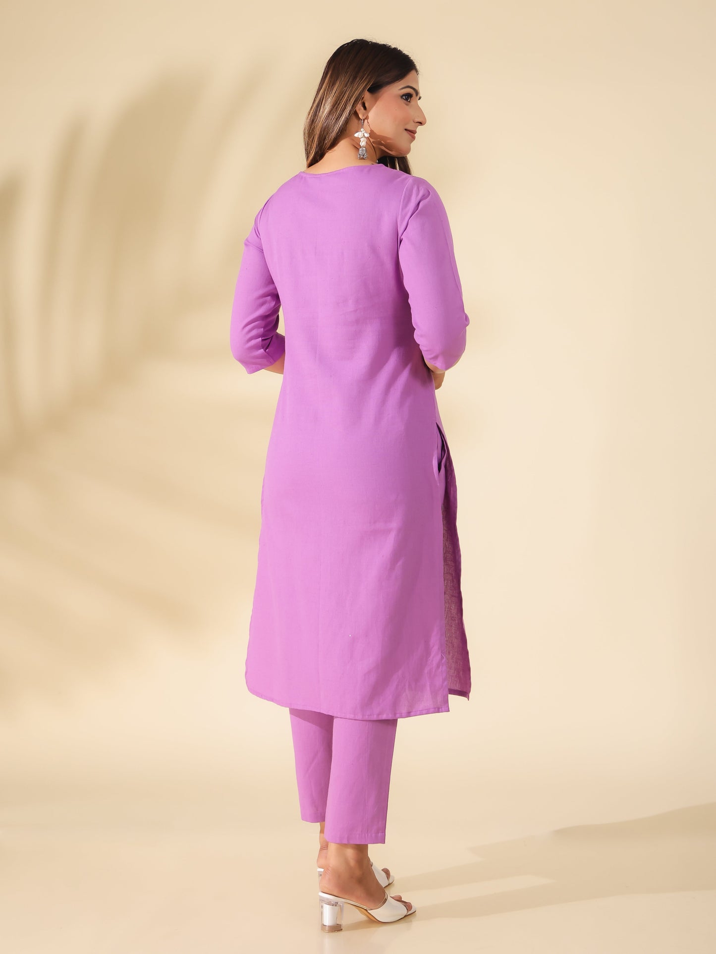 Embroidered Linen Cotton Solid Panelled Purple Kurta