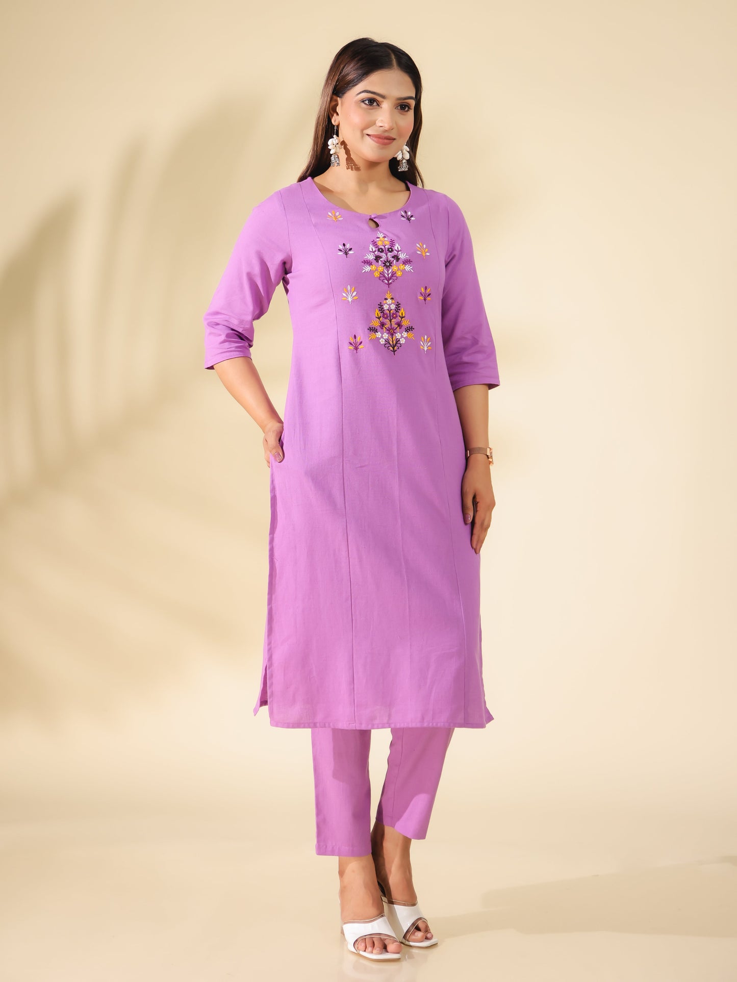 Embroidered Linen Cotton Solid Panelled Purple Kurta