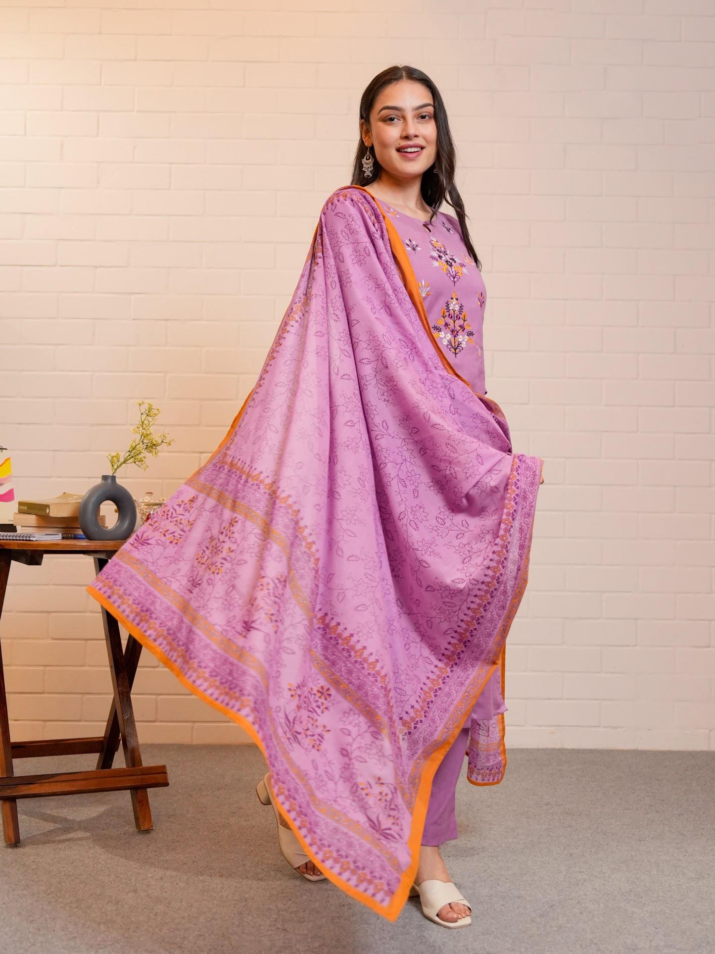 Embroidered Linen Cotton Solid A-line Purple Kurta