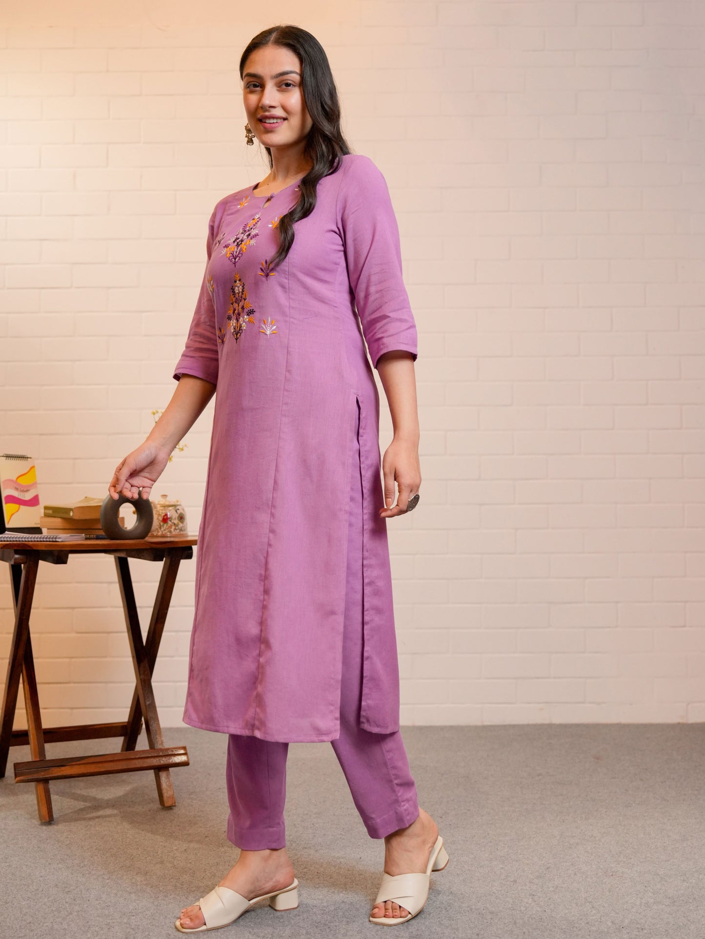 Embroidered Linen Cotton Solid A-line Purple Kurta