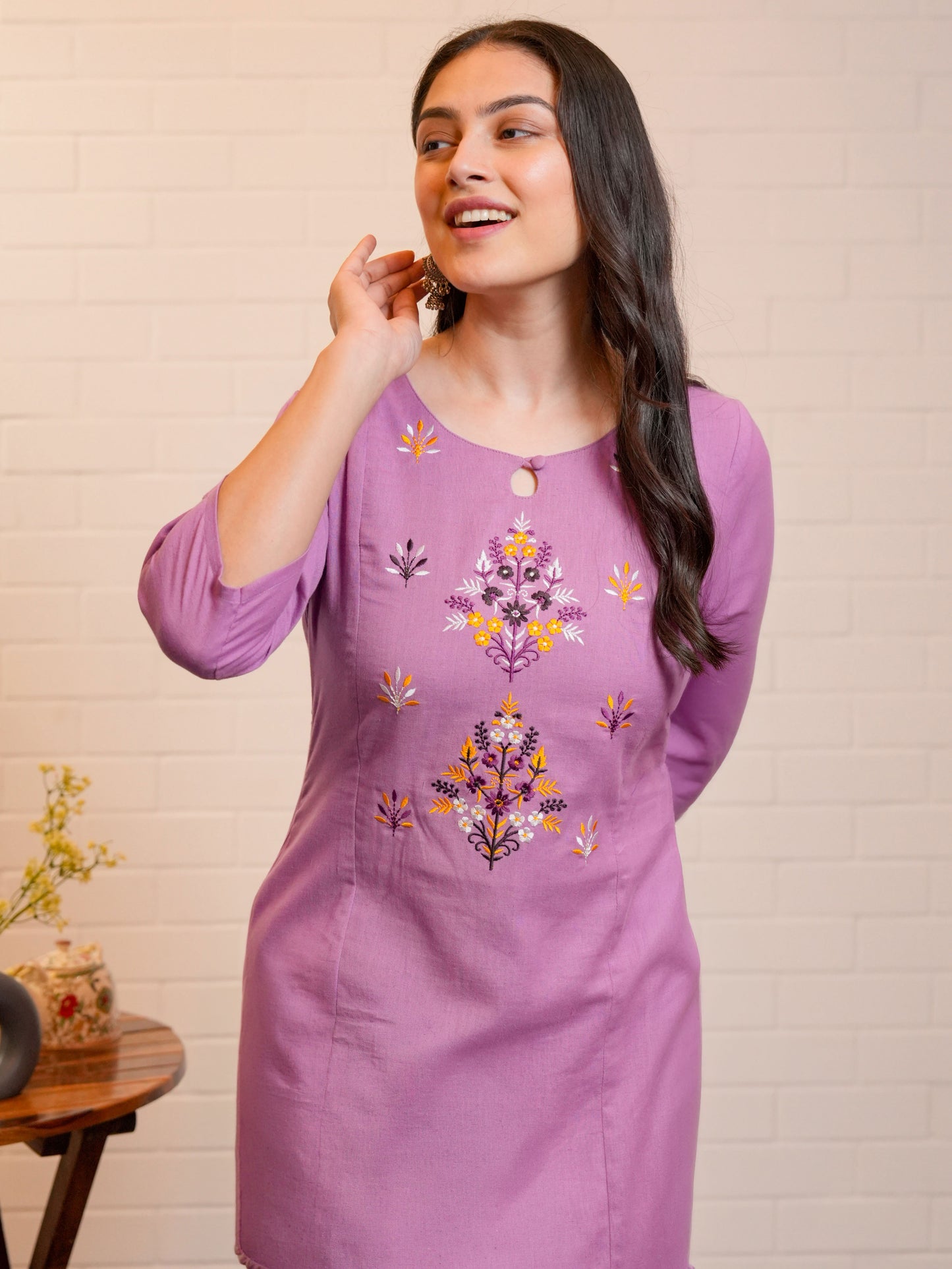 Embroidered Linen Cotton Solid A-line Purple Kurta