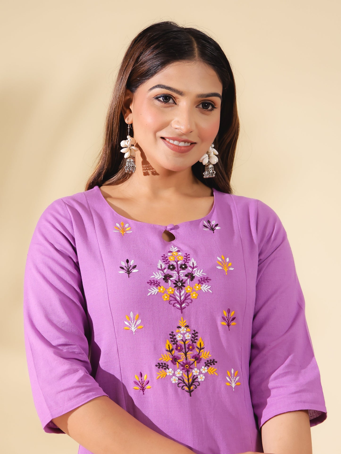 Embroidered Linen Cotton Solid Panelled Purple Kurta