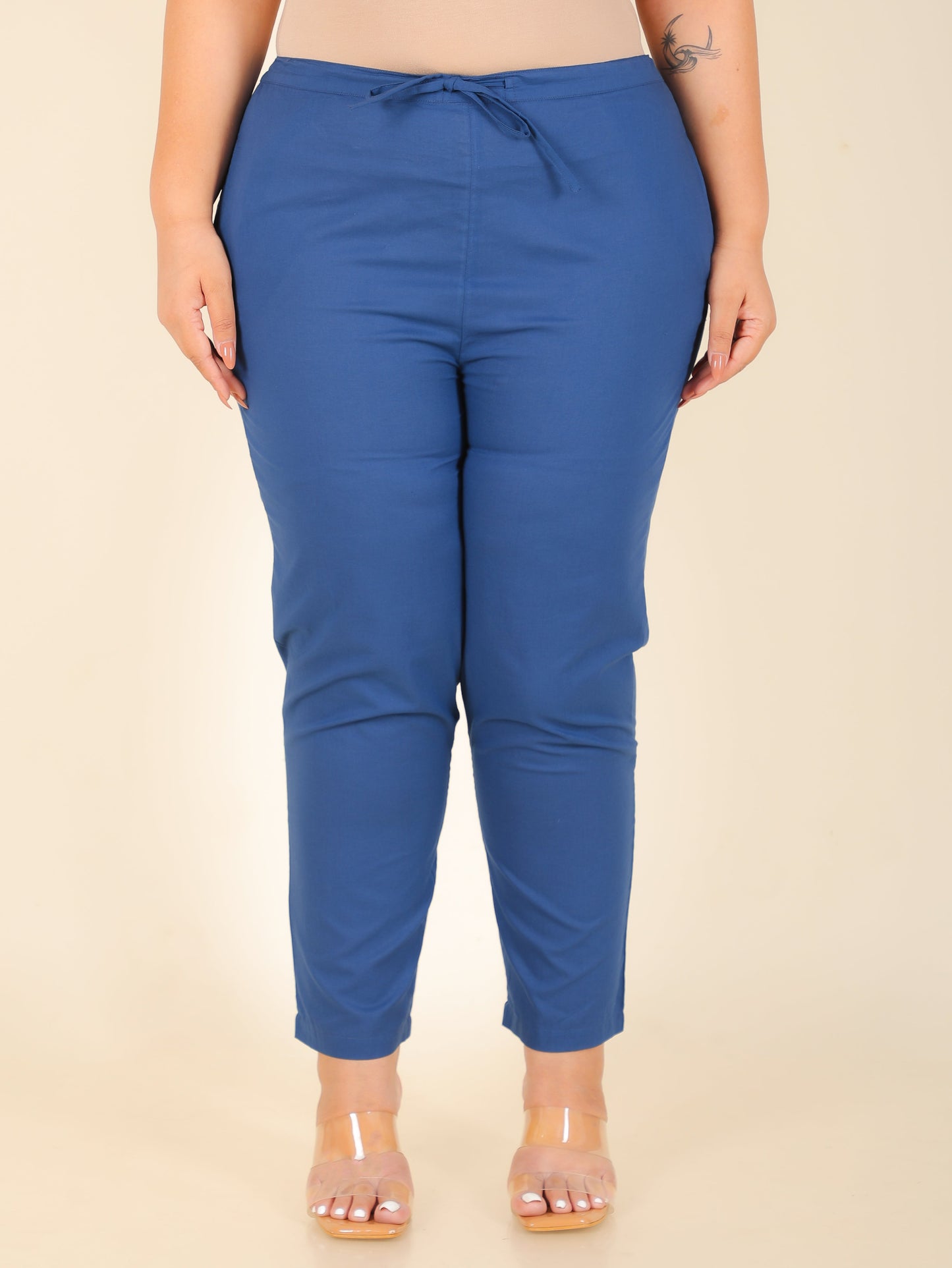 Soft Cotton Solid Blue Tapered Trousers
