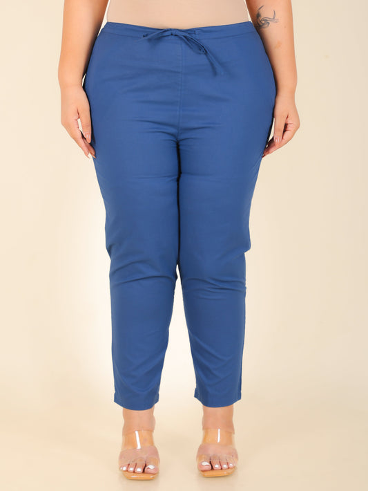 Soft Cotton Solid Blue Tapered Trousers
