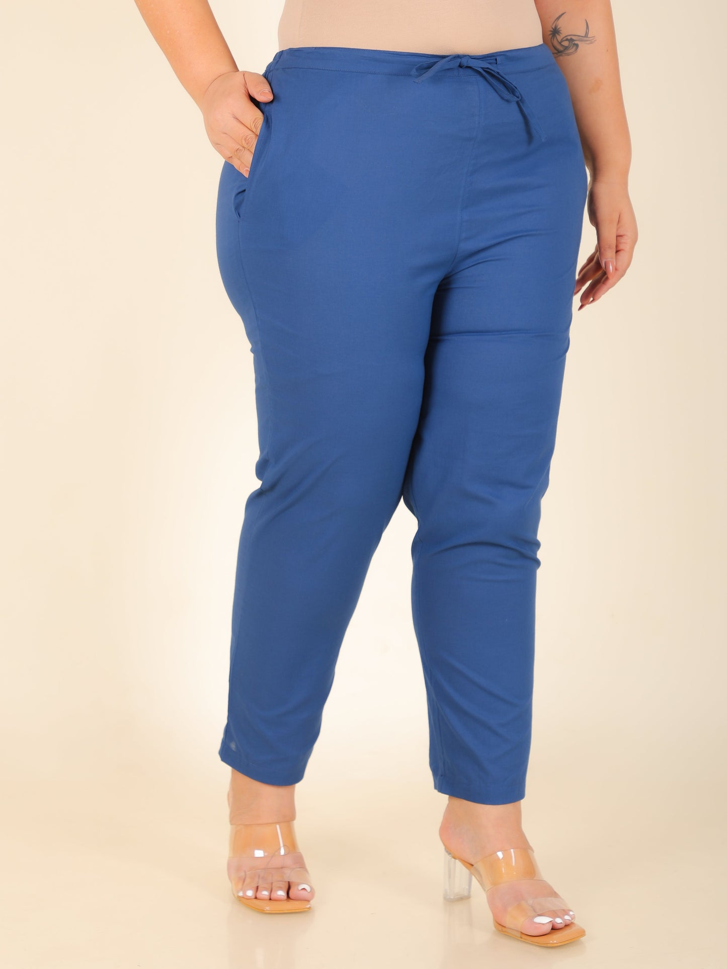 Soft Cotton Solid Blue Tapered Trousers