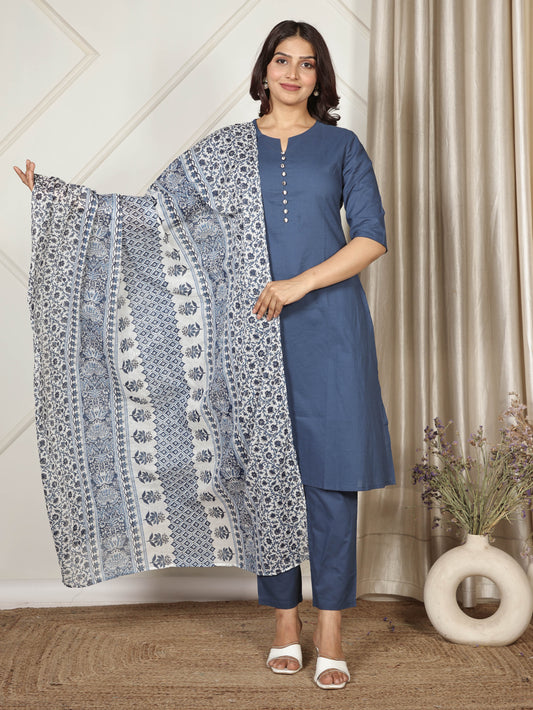 Cotton Voile Floral Blue Dupatta