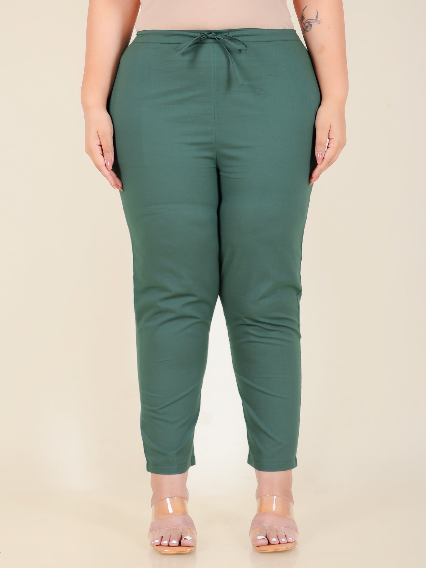 Soft Cotton Solid Green Tapered Tapered Trousers