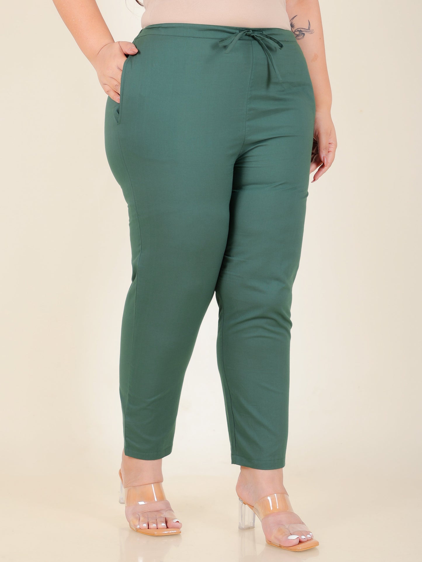 Soft Cotton Solid Green Tapered Tapered Trousers