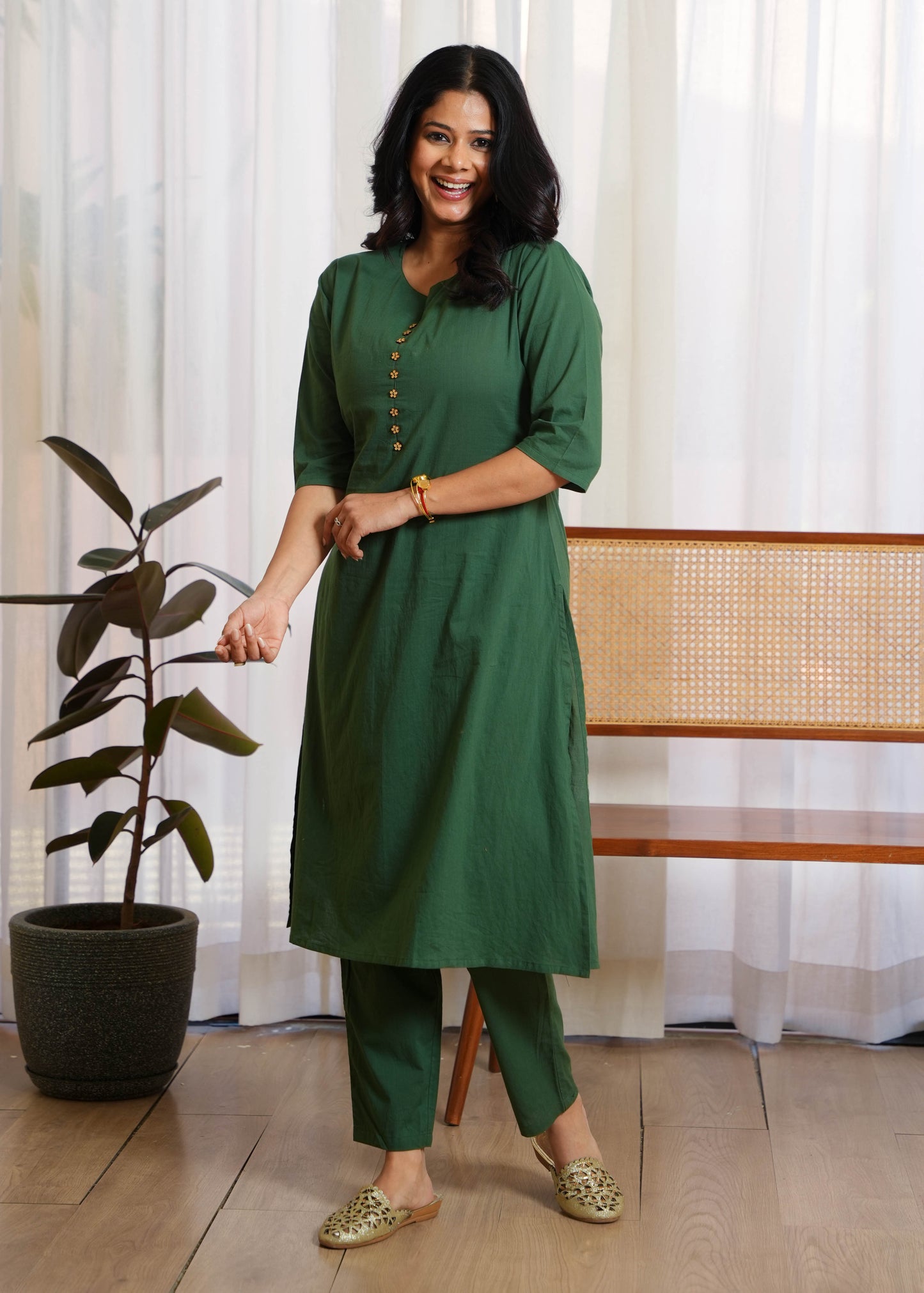 Soft Cotton Solid A-line Green Kurta