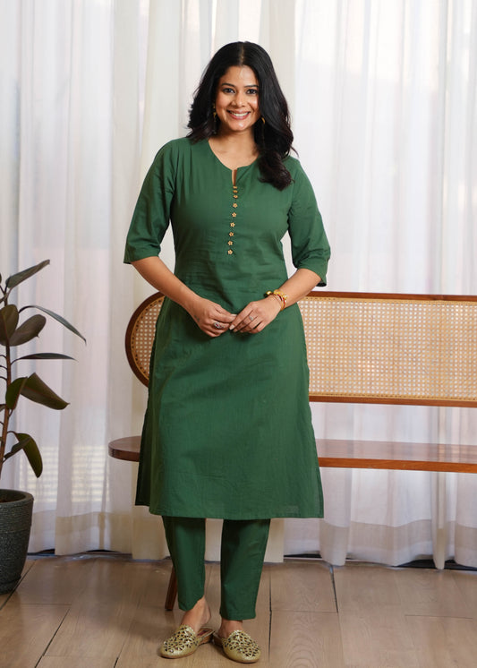 Soft Cotton Solid A-line Green Kurta
