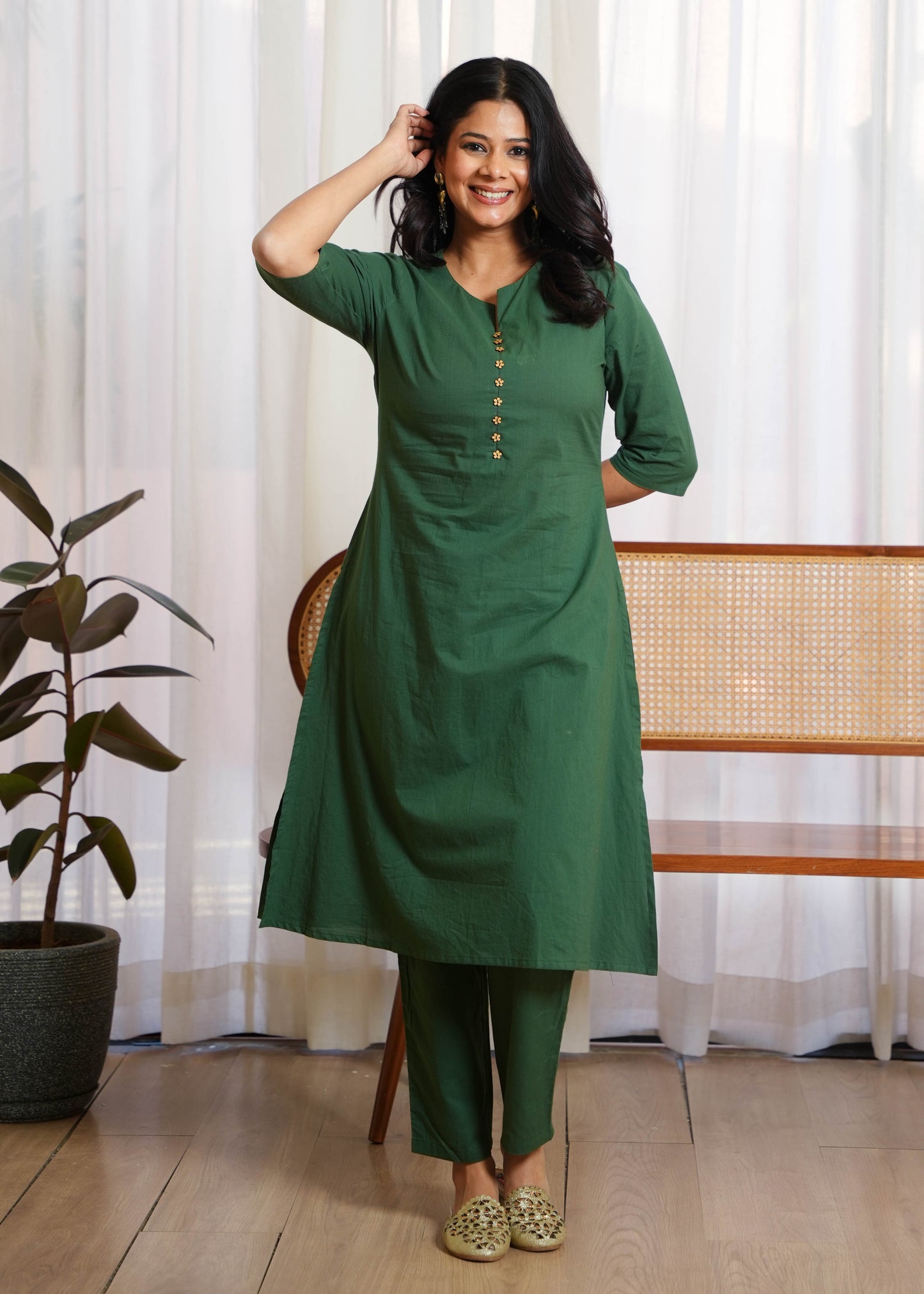 Soft Cotton Solid A-line Green Kurta