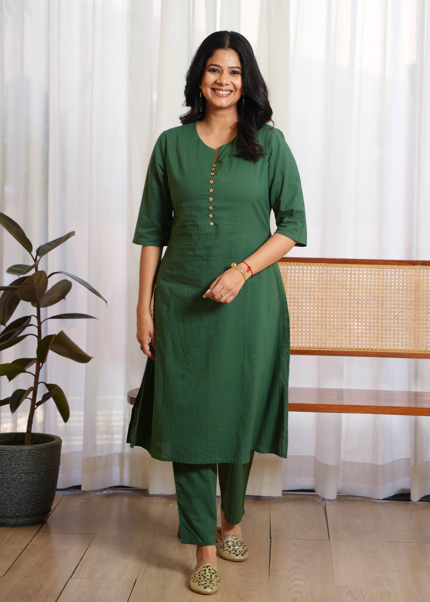 Soft Cotton Solid A-line Green Kurta