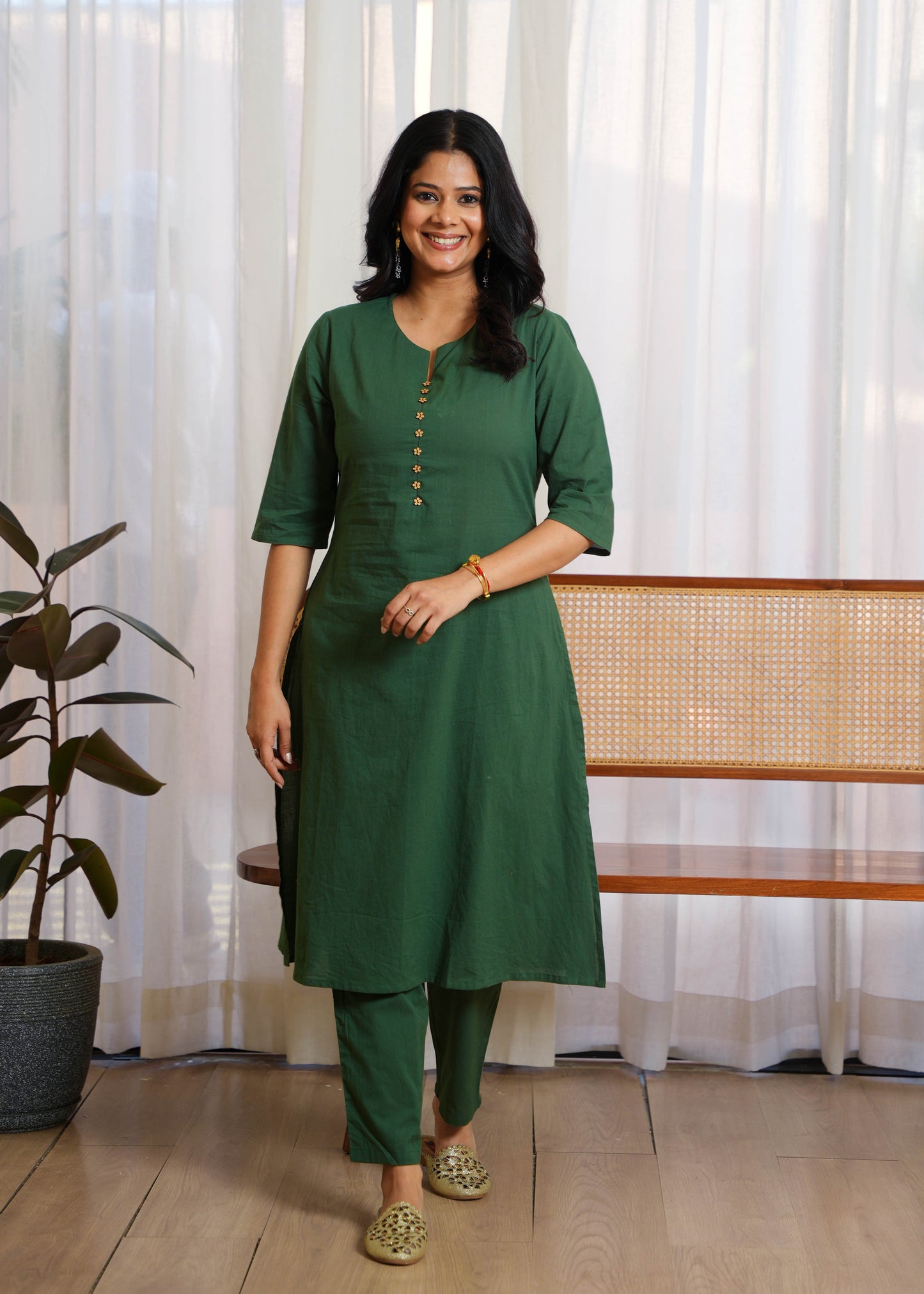 Soft Cotton Solid A-line Green Kurta