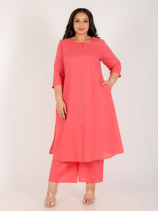 Soft Cotton Solid A-line Pink Kurta