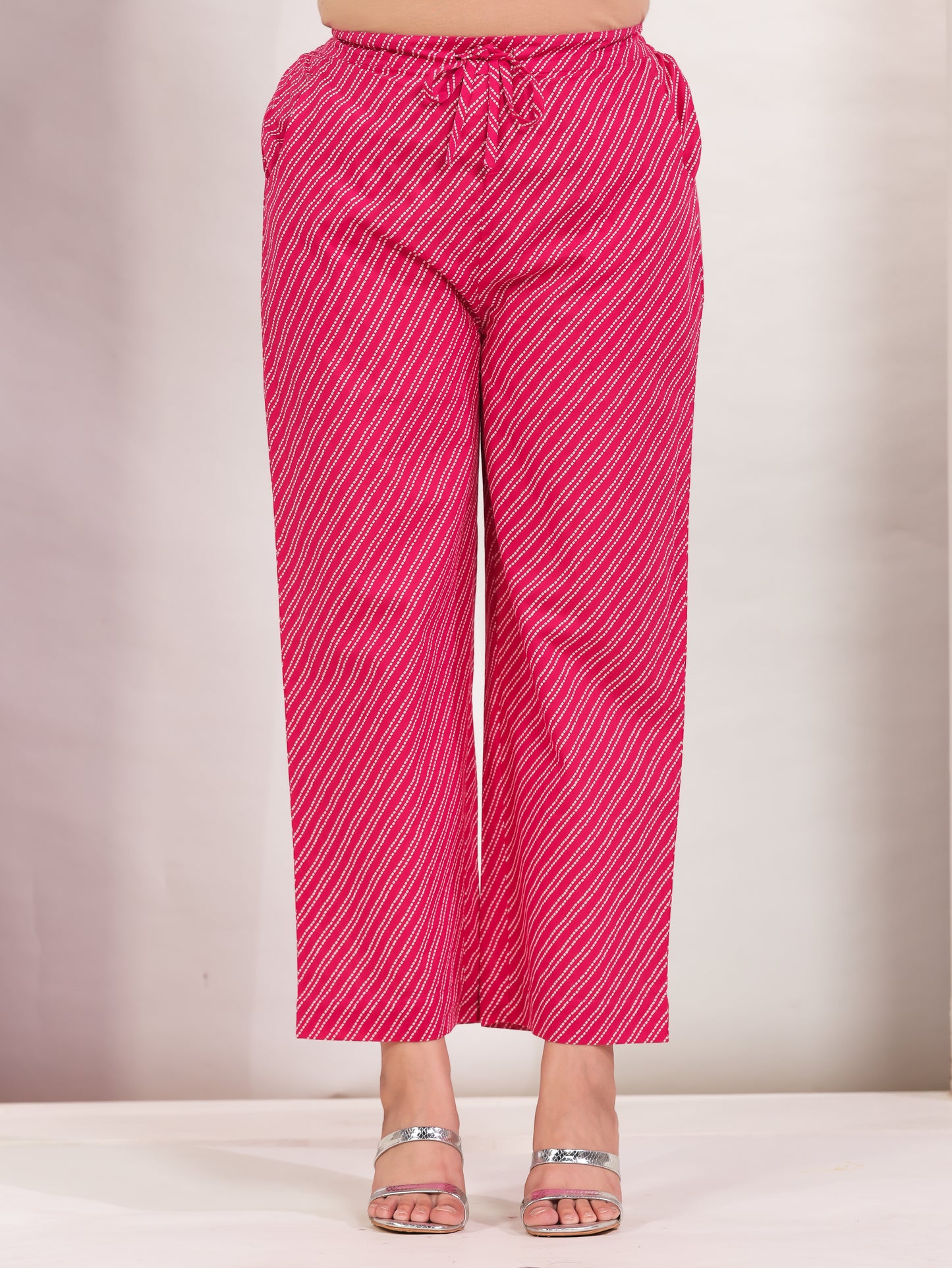 Soft Cotton Bandhani Pink Straight Trousers
