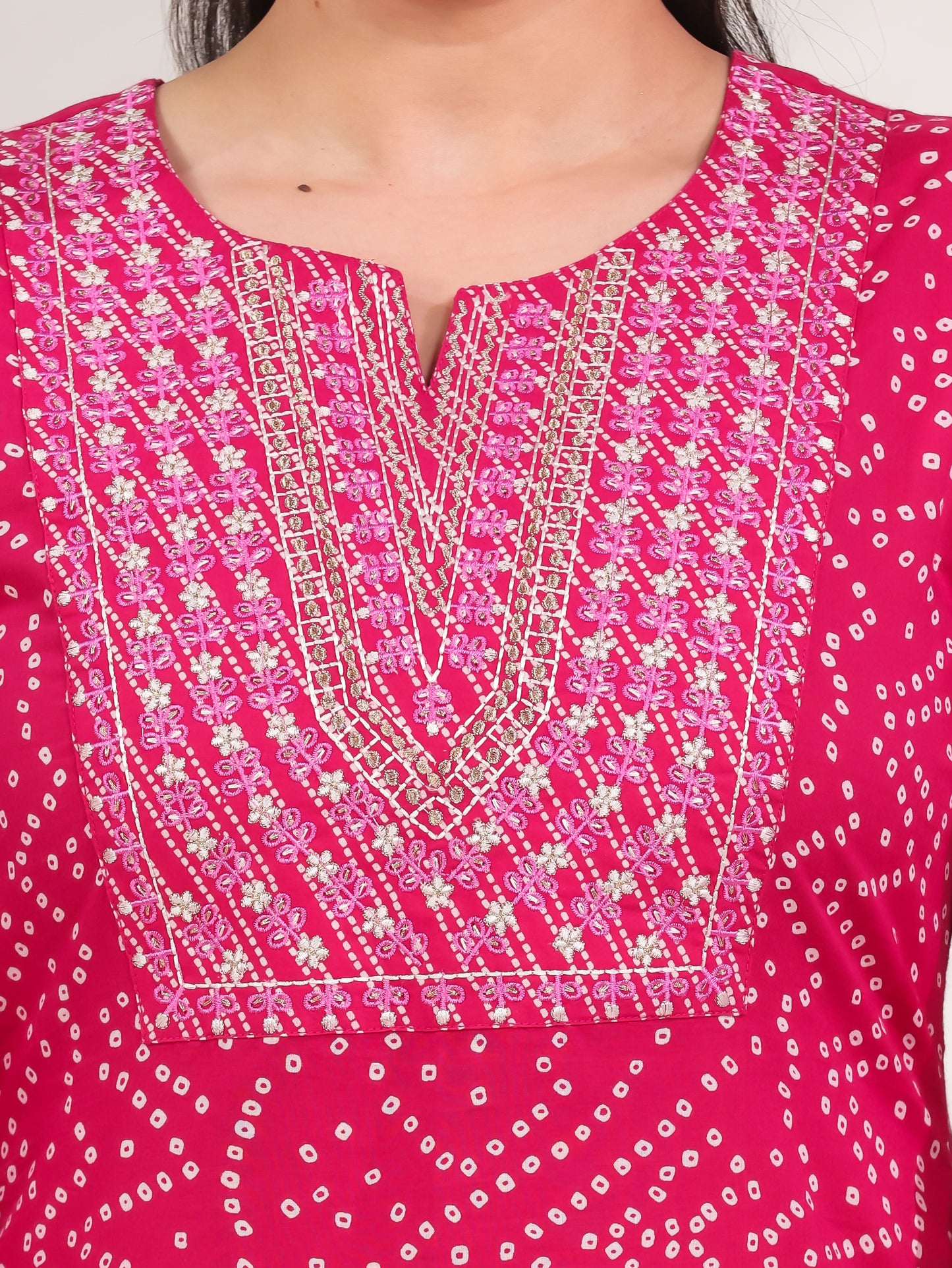 Embroidered Soft Cotton Bandhani Straight Pink Kurta