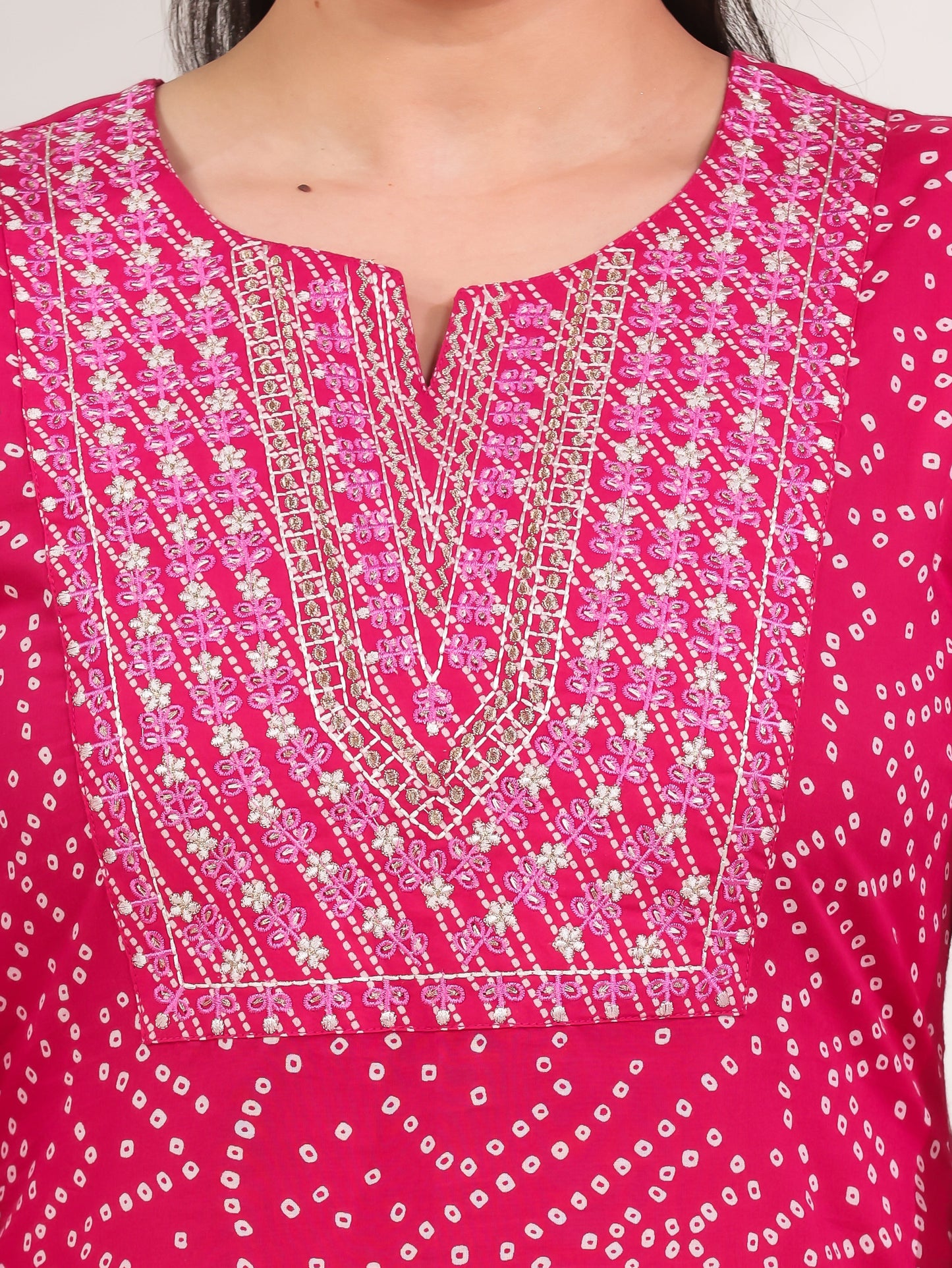 Embroidered Soft Cotton Bandhani Straight Pink Kurta