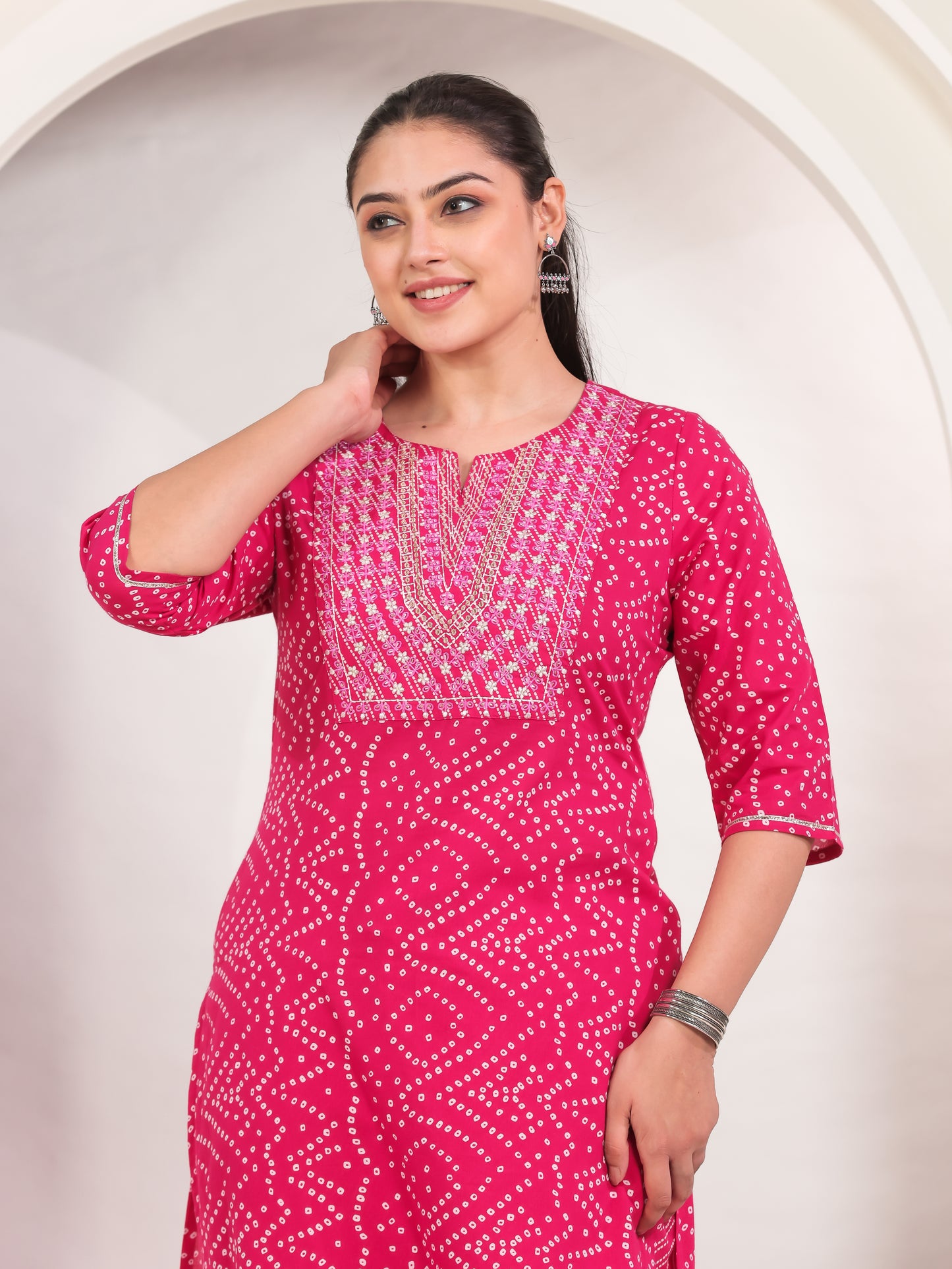 Embroidered Soft Cotton Bandhani Straight Pink Kurta