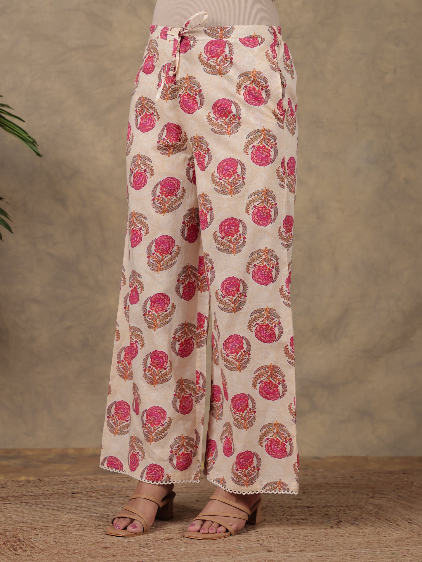 Soft Cotton Floral Off-White Palazzo