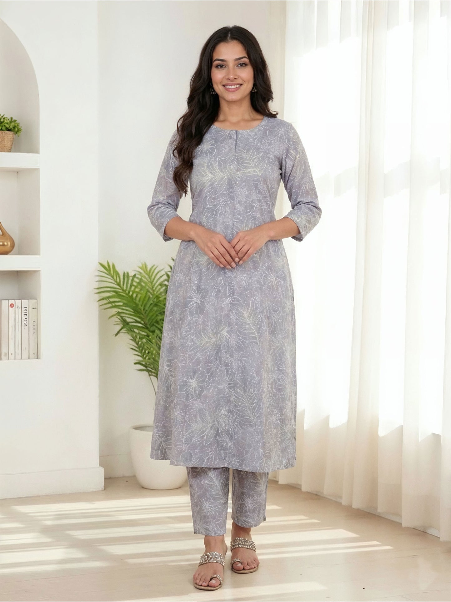 Soft Cotton Floral Flared Grey Kurta