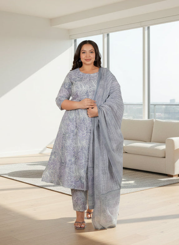 Soft Cotton Floral Panelled Grey Kurta