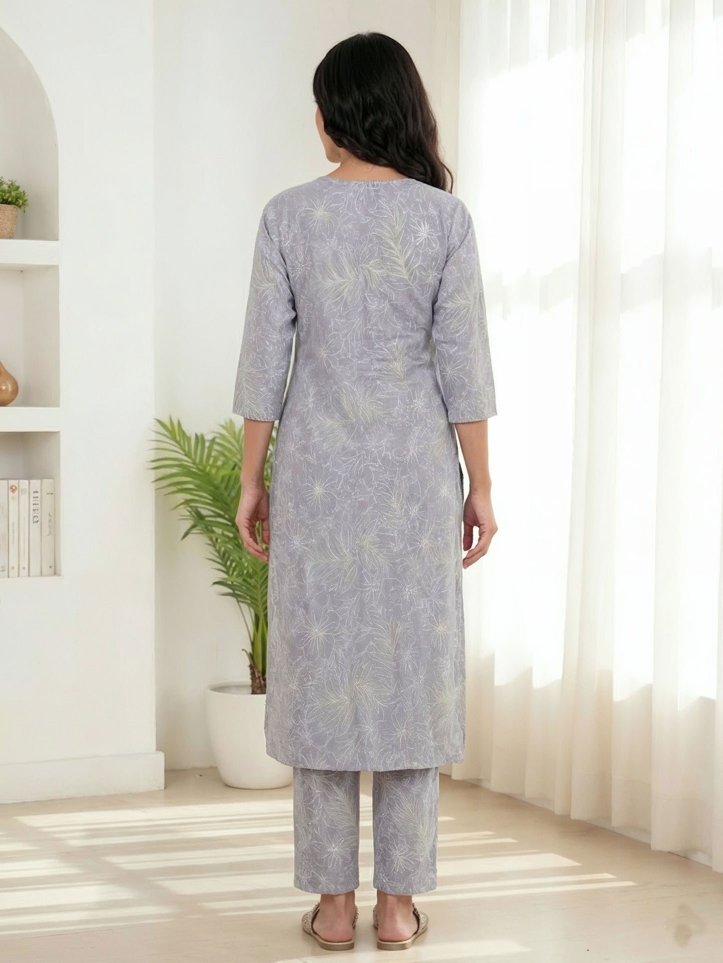 Soft Cotton Floral Flared Grey Kurta