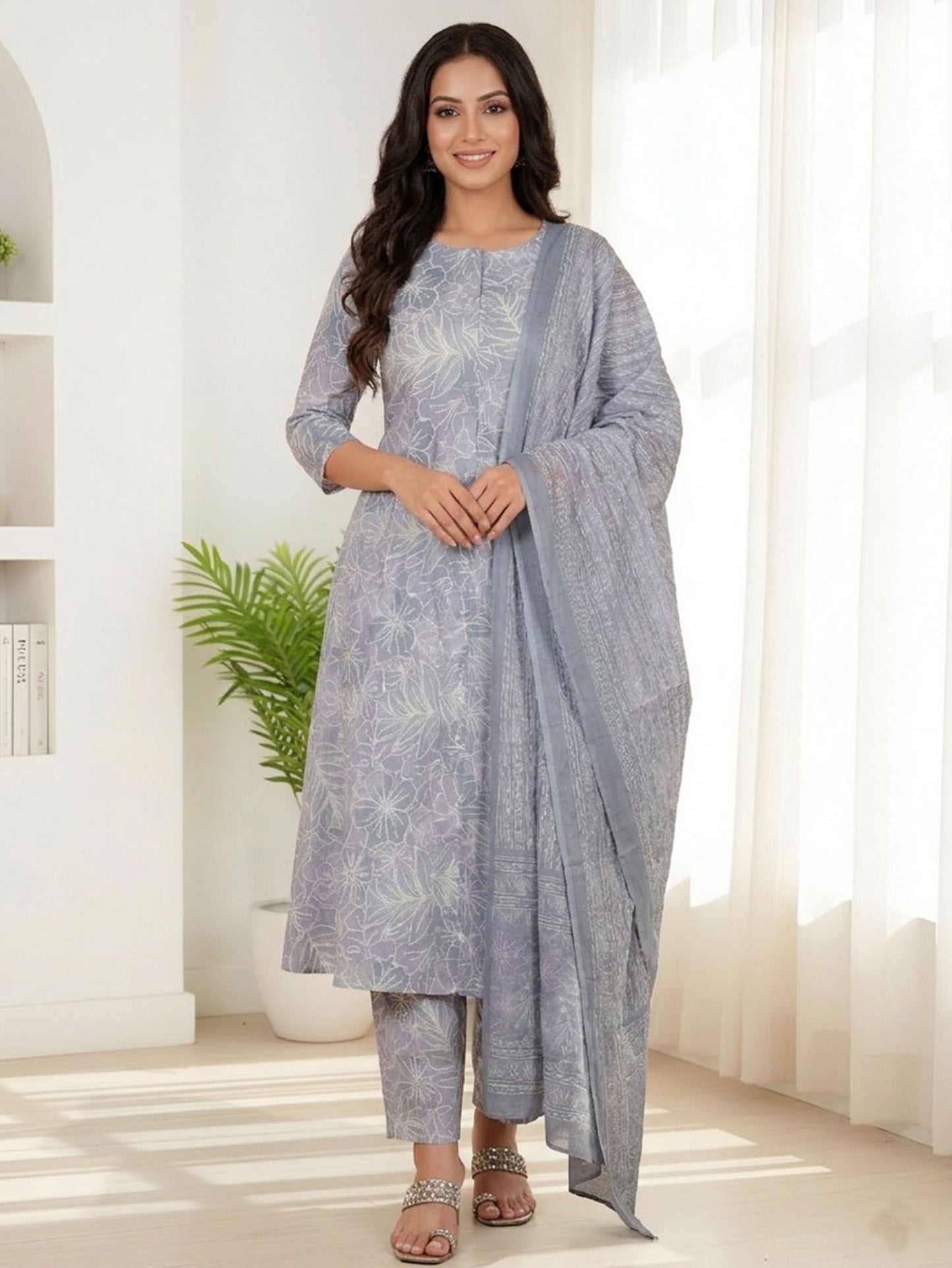 Cotton Voile Striped Grey Dupatta