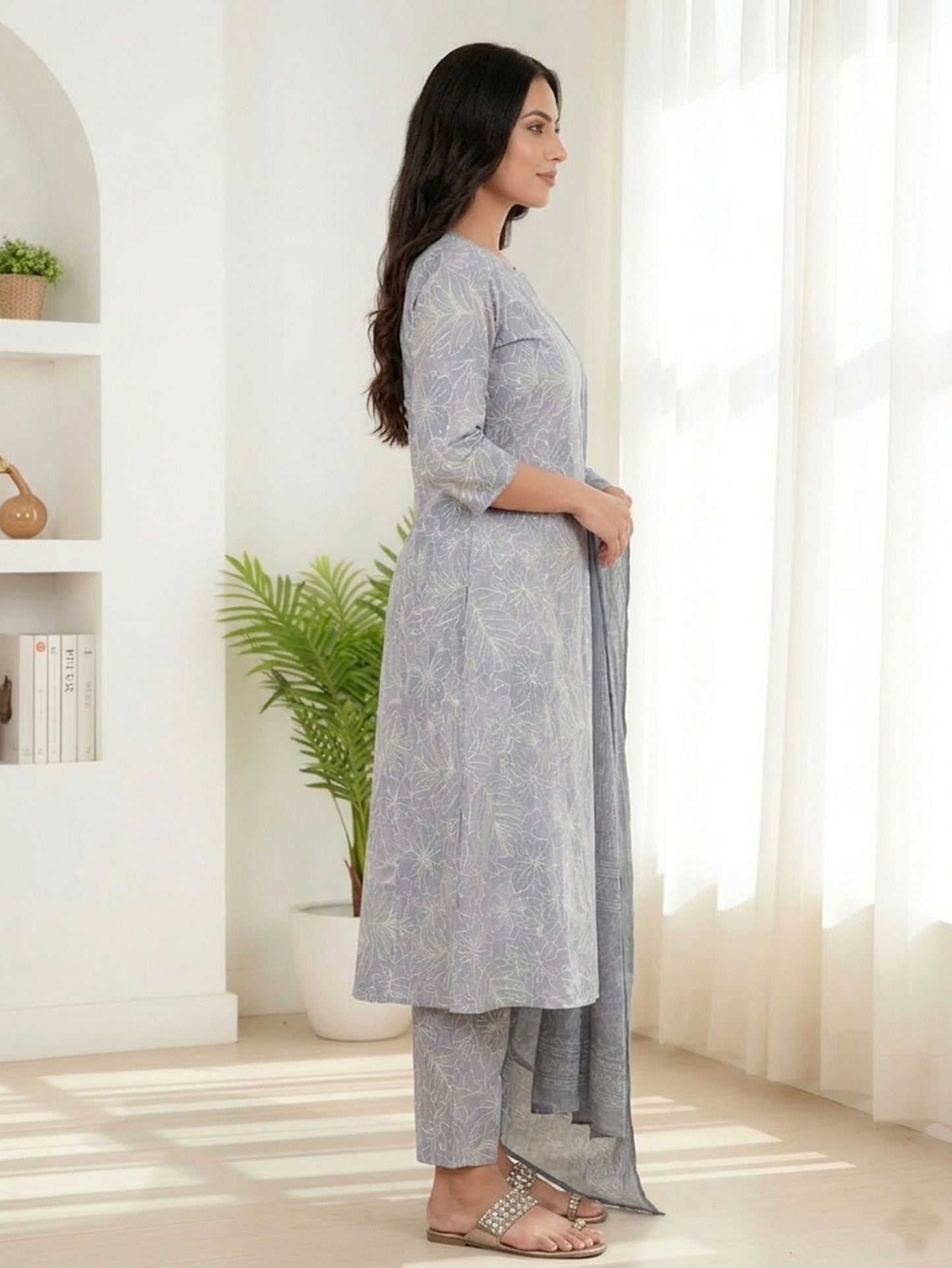 Cotton Voile Striped Grey Dupatta