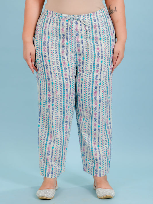 Soft Cotton Striped Off-White Straight Trousers