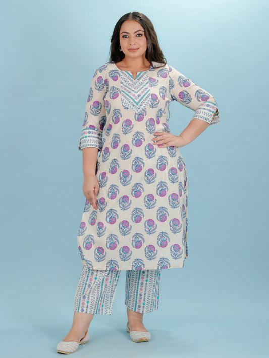 Soft Cotton Floral Straight Off-White Kurta
