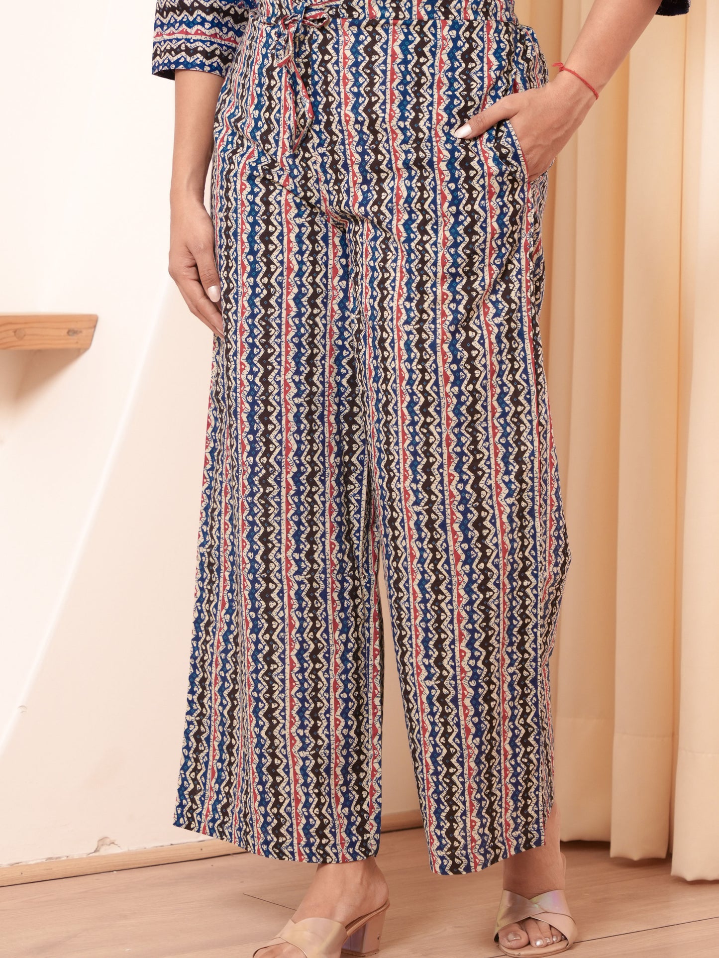 Soft Cotton Chevron Blue Flared Trousers