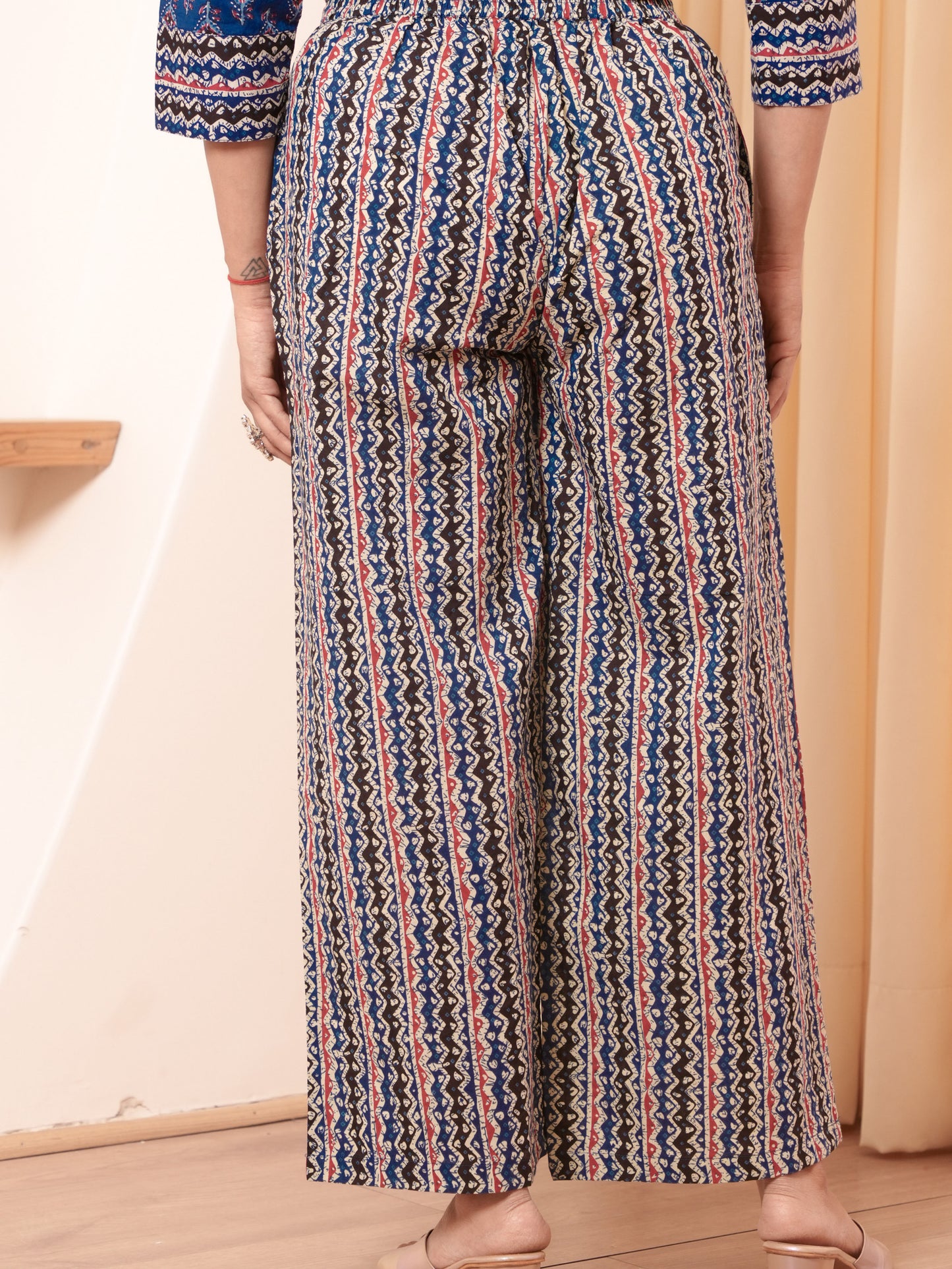Soft Cotton Chevron Blue Flared Trousers