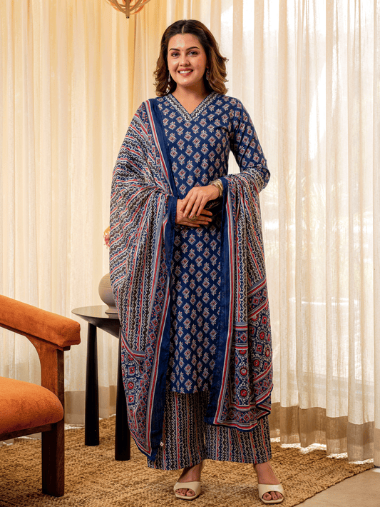 Cotton Voile Geometric Blue Dupatta