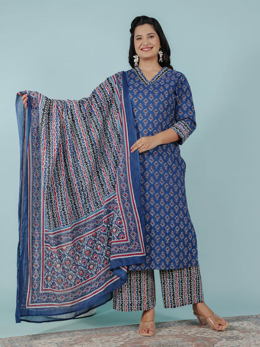Cotton Voile Geometric Blue Dupatta